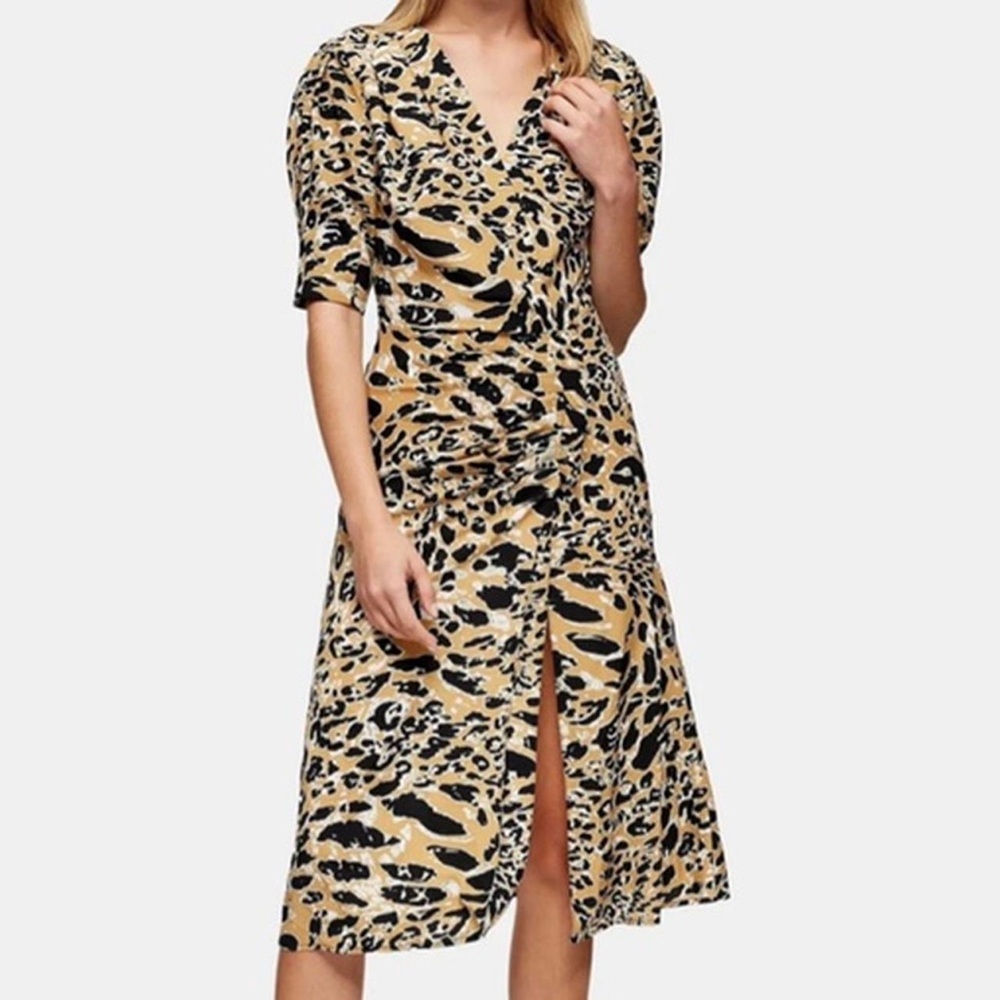 TopShop Leopard Dress Mock Wrap Midi Dress Animal Print Short Sleeve 8